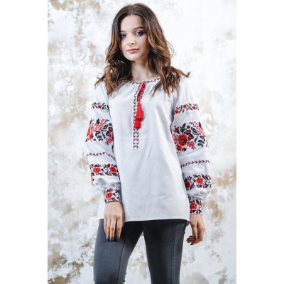 Embroidered blouse "Journey of Rose" Red on White